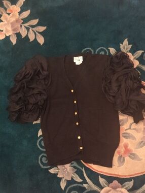 Black Puff Ruffle ORGANZA Sleeve 100% COTTON Cardigan with Gold Buttons Vintage